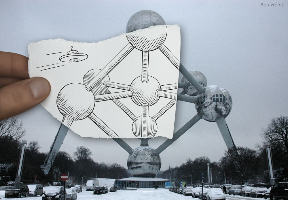 Atomo con objeto volador. Ben Heine