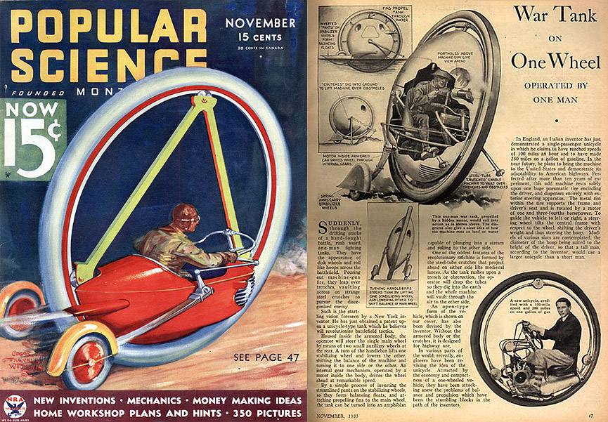 Tanque de guerra monorueda, 1933. Modern Mechanix